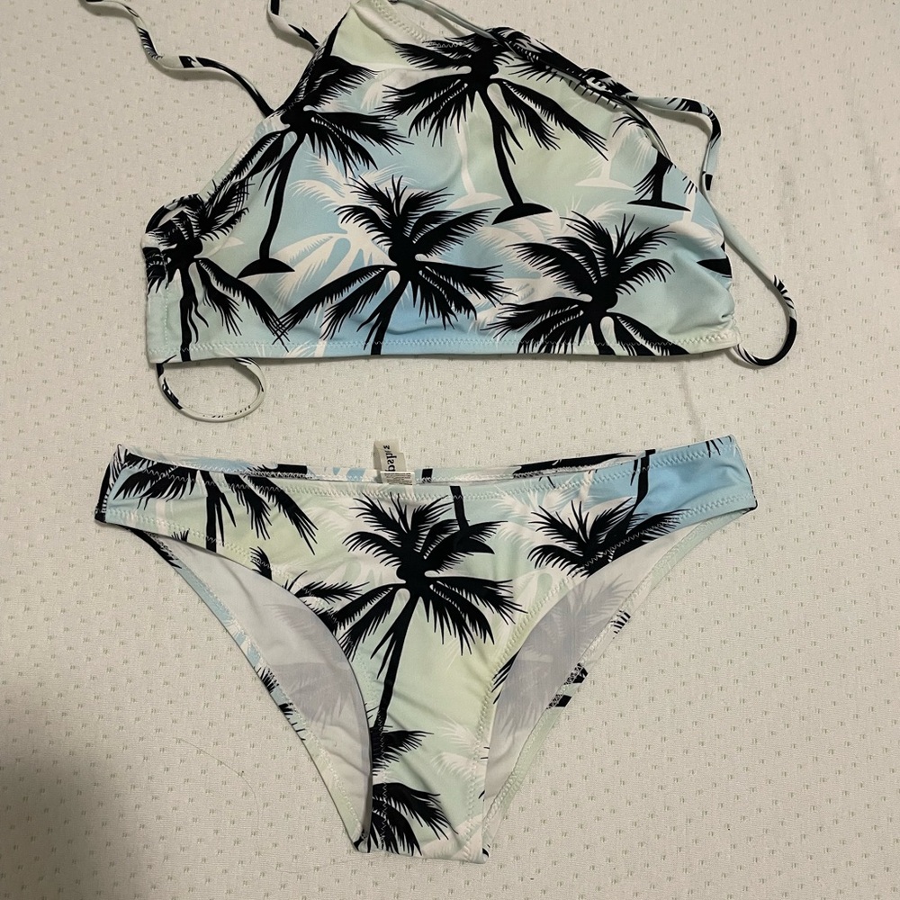 Cupshe Palm Tree Print Bikini - Black and Blue